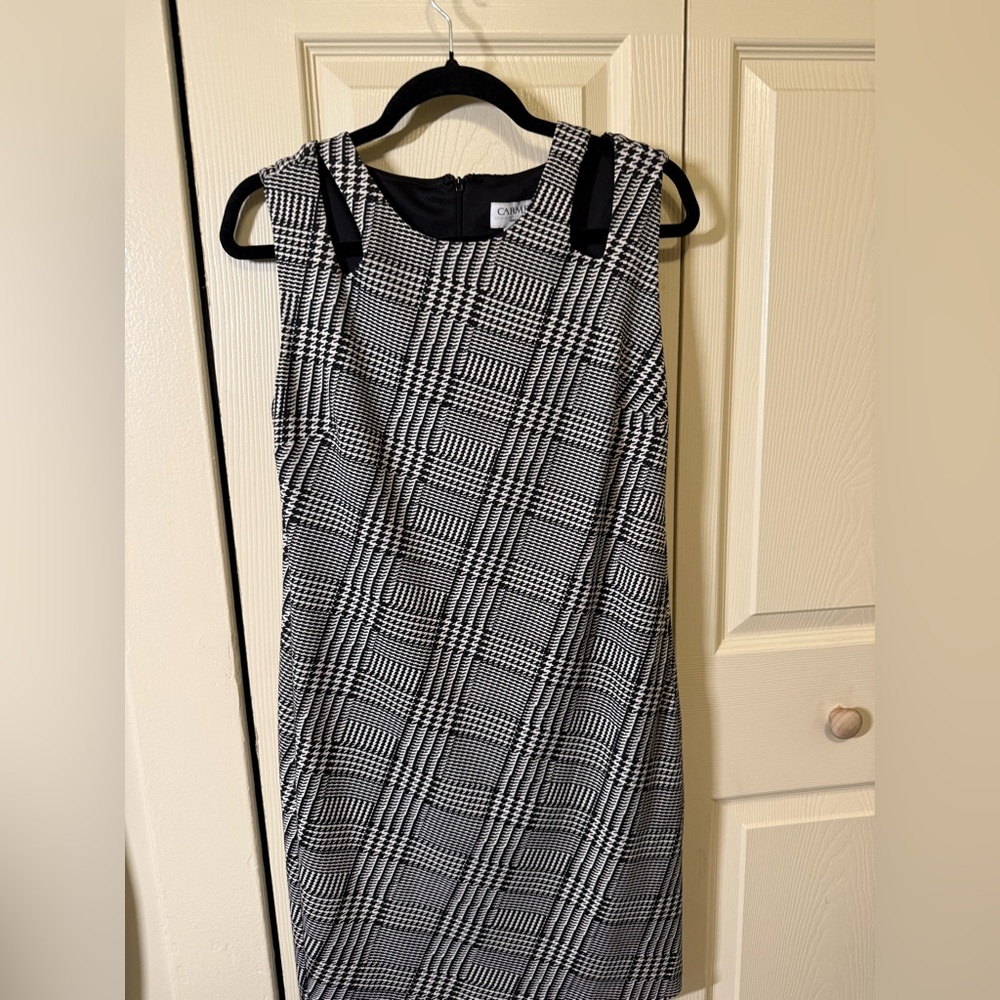 CARMEN MARC VALVO Black White Houndstooth Cutout Stretch Knit Slip-On Dress